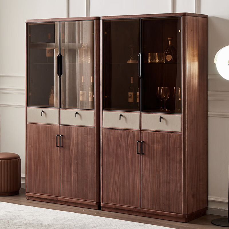 北美黑胡桃木实木酒柜极简轻奢多层置物柜落地款一体收纳玻璃展柜