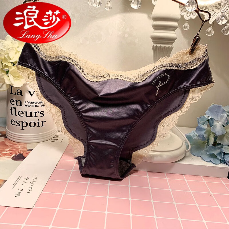 浪莎无痕绸缎网纱丝滑柔软时尚镶砖内裤女蕾丝三角头中低腰纯 深灰 m