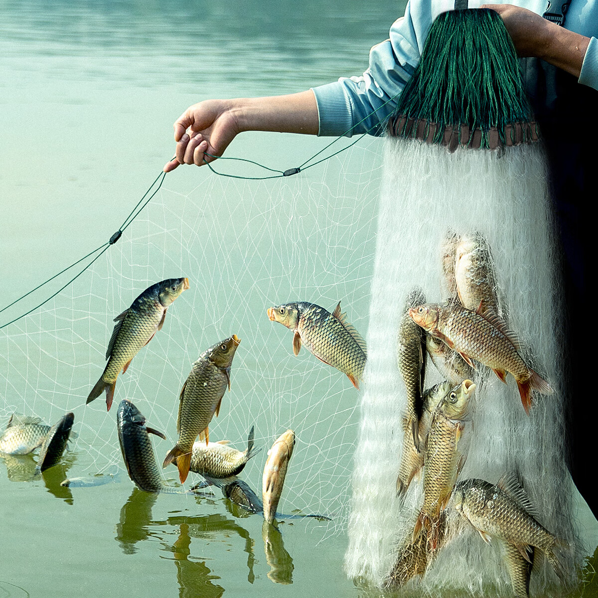 鱼网三层沉网捕逮鱼丝网不缠进口渔网浮网抓鱼神器红同 升级加密【6指