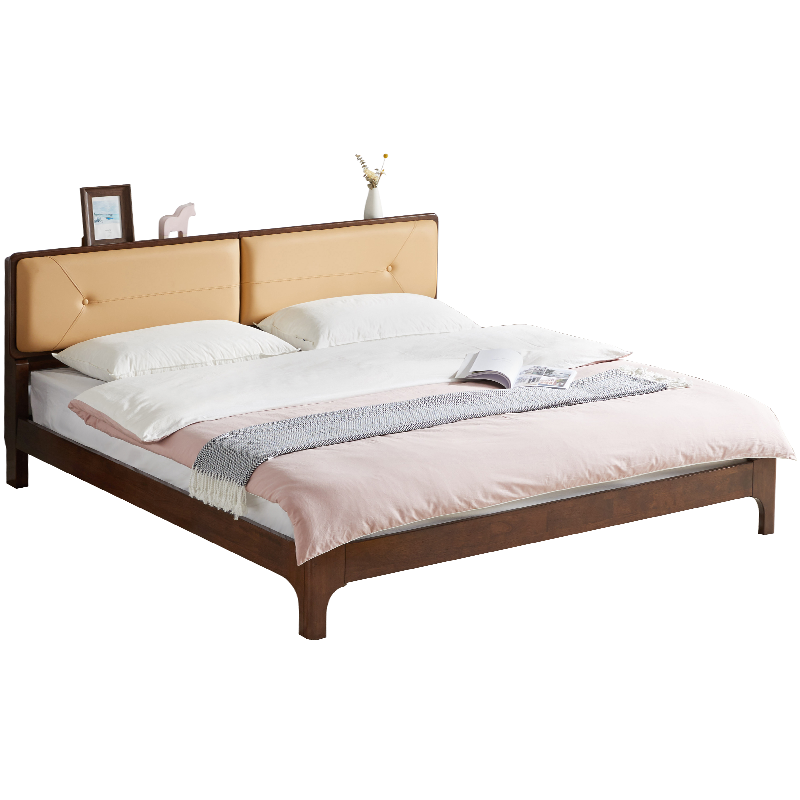 家逸 床实木床北欧1.8米双人床1.5米1.2单人现代简约婚床大床软靠主卧床 1.8米胡桃色+金色软包+靠背可调节
