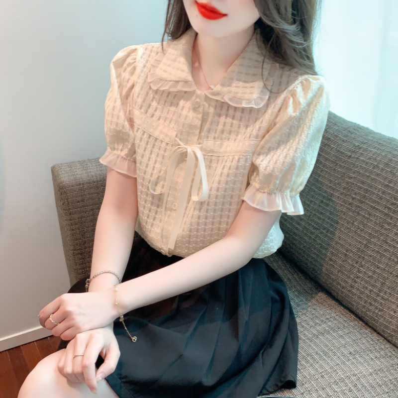 葉紫楓（YEZIFENG）短袖襯衫女2025夏季新款娃娃領(lǐng)蝴蝶結(jié)泡泡袖蕾絲衫甜美女士小衫 圖片色 L