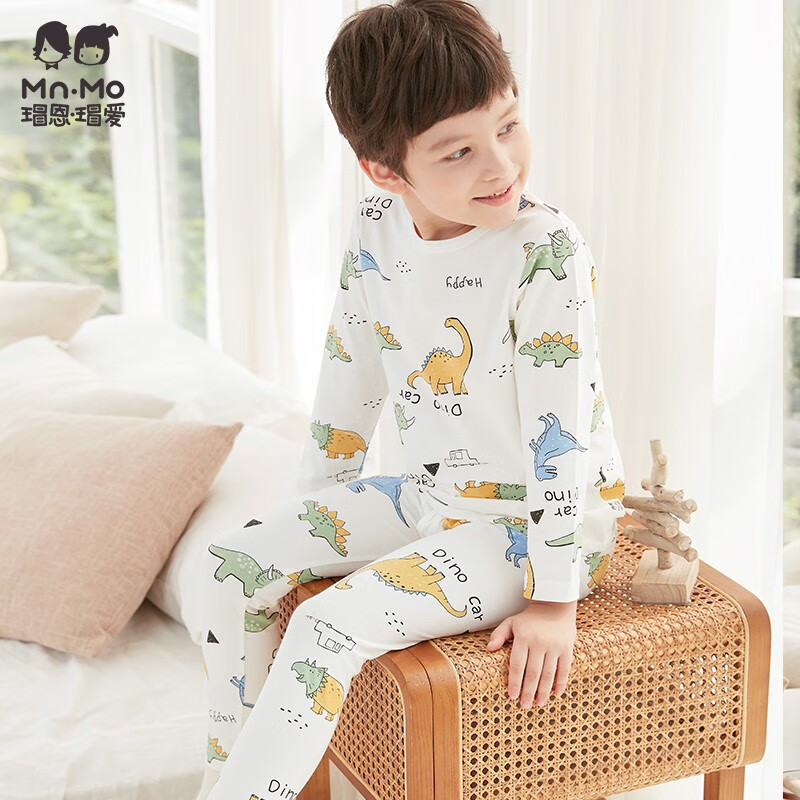 瑁恩·瑁爱（Mn·Mo）男童弹力棉薄款内衣儿童四季弹性亲肤贴身秋衣秋裤睡衣套装棉毛衫 18#意彩侏罗(米白) 150码适合身高约135cm怎么样,好用不?