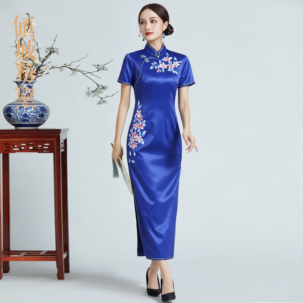 旗袍女年轻款中国风夏季绣花刺绣旗袍真丝长款旗袍裙蓝色宴会礼服