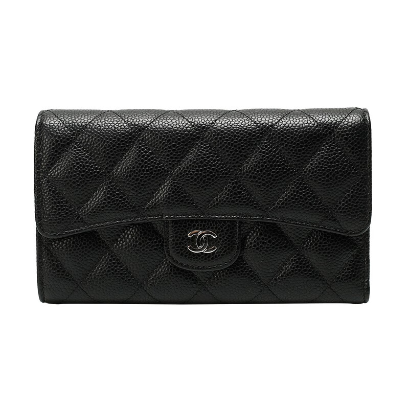 【二手95新】香奈儿/chanel荔枝皮银扣黑色皮革长款钱包女士时尚钱夹