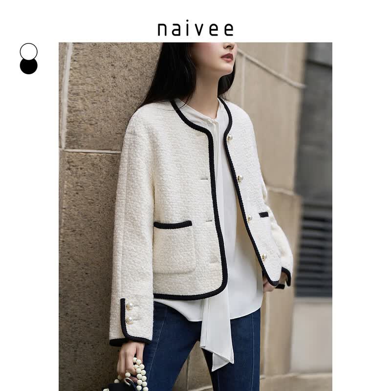 纳薇（naivee）商场同款23秋季通勤法式小香风撞色珍珠扣羊毛呢大衣 乳白 155/80A属于什么档次？