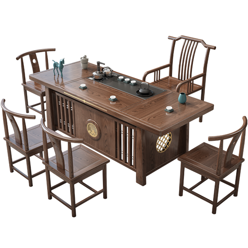 凝古轩 新中式茶桌椅组合办公室茶桌实木功夫茶台桌茶具套装一体茶几桌现代简约茶艺桌客厅泡茶桌茶道喝茶 1.8m倾城+1琴弦椅+4月牙椅(配石茶盘)