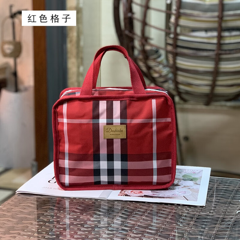 格子防水洗漱包手提化妆包化妆品方形收纳袋上班族手 红色格子(号)