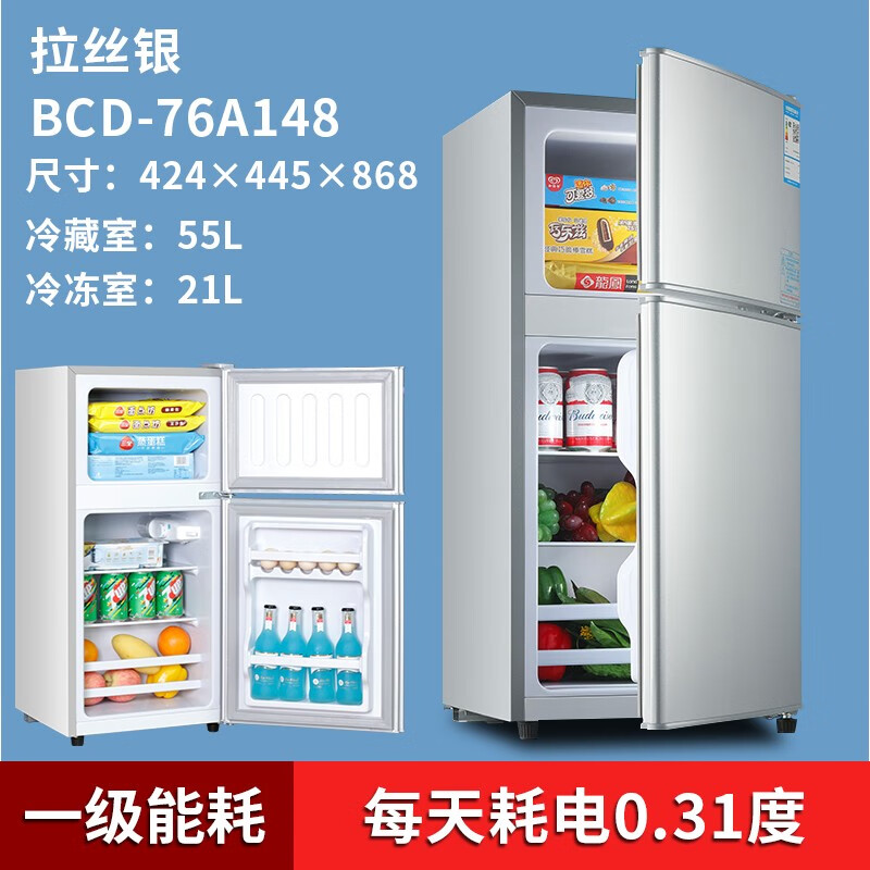 【旗舰店】申花（SHENHUA）小冰箱小型家用宿舍租房寝室节能迷你冷藏冷冻特价双开门两门电冰箱 一级能效-76L-银【标准款】三人用