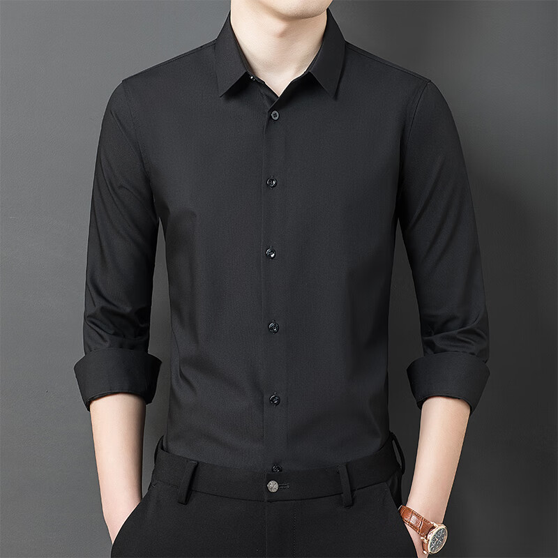 哈雷纳金狐狸 衬衫男纯色休闲长袖衬衫舒适透气衬衣男2201 黑色 175