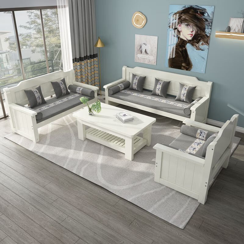 实木长椅经济型小户型木质客厅现代简约三人木沙发 纯白色3 2 1 茶几