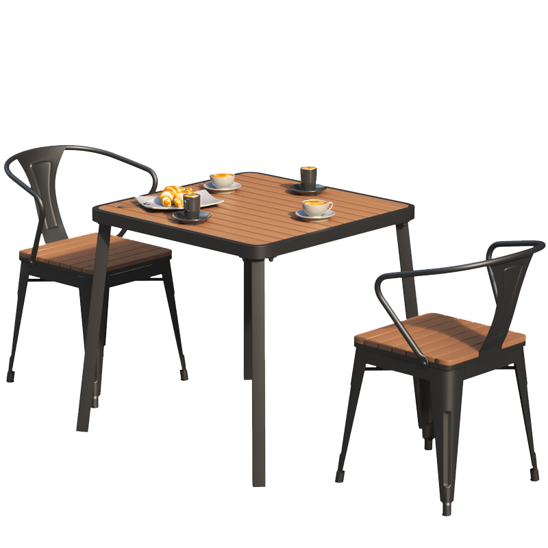 凝企 阳台户外桌椅组合庭院室外铁艺小茶几简约休闲花园休闲椅子三五件套咖啡厅露天公园塑木防腐防雨防晒 【方桌】边长85cm+2张椅子 户外休闲桌椅