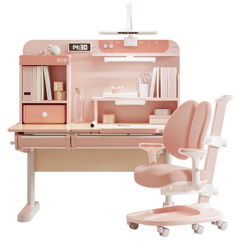 黑白调学习时光 儿童学习桌 儿童书桌 学习桌 小学生书桌写字桌 可升降实木类桌椅套装 D101款糖果粉