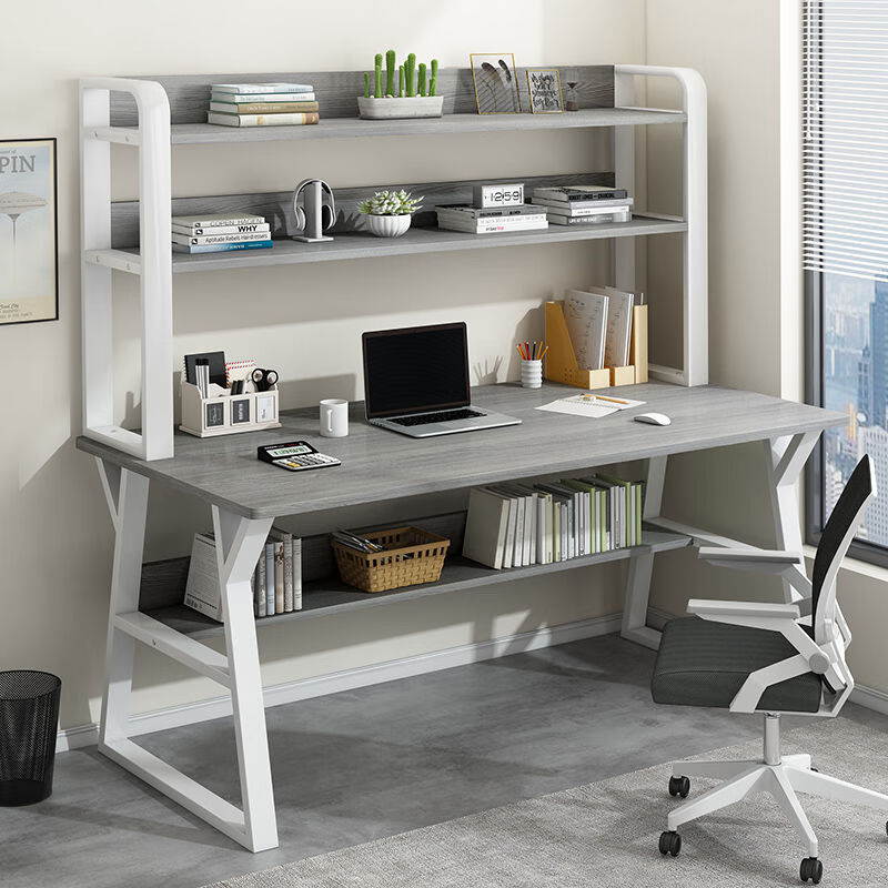 普派电脑桌台式家用书桌书柜组合简约办公桌子学生学习桌书架桌椅套装 (活动)莫兰迪灰色120cm