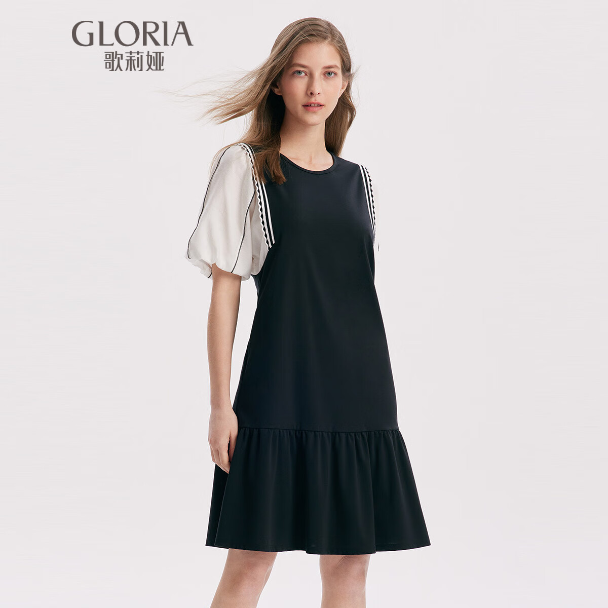 歌莉娅（GLORIA）预售|  夏季新品 A型拼接连衣裙 1A6C4HARA 00B黑色 S