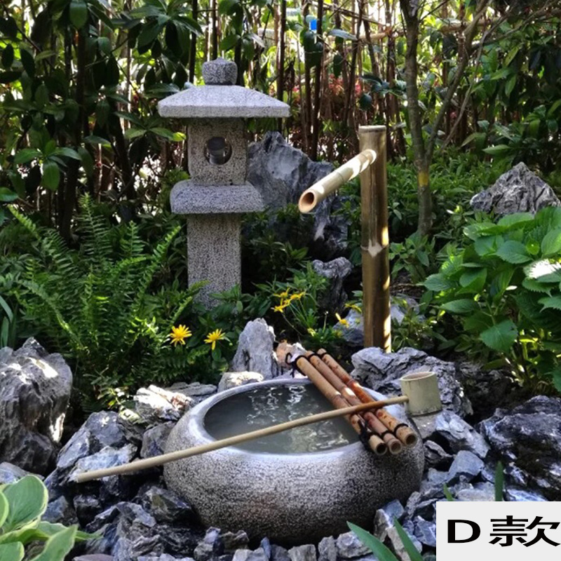 日式流水石钵石雕水池钵石槽户外鹅卵石水槽鱼缸装饰庭院景观摆件