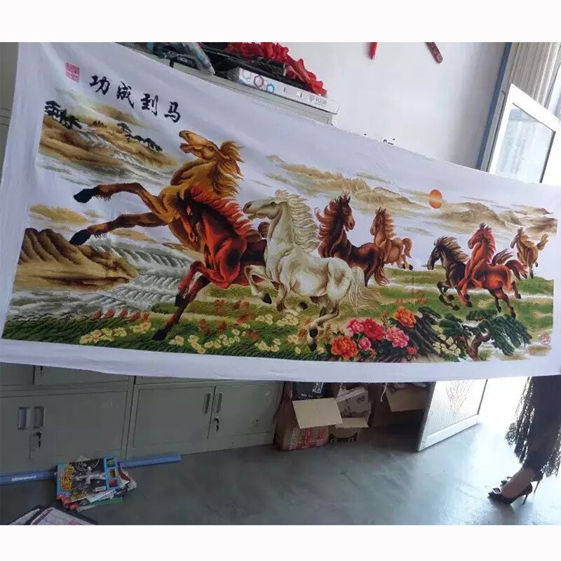 婕茵桐成品人工已绣好的八骏图手工十字绣成品马到成功2m客厅挂画带框