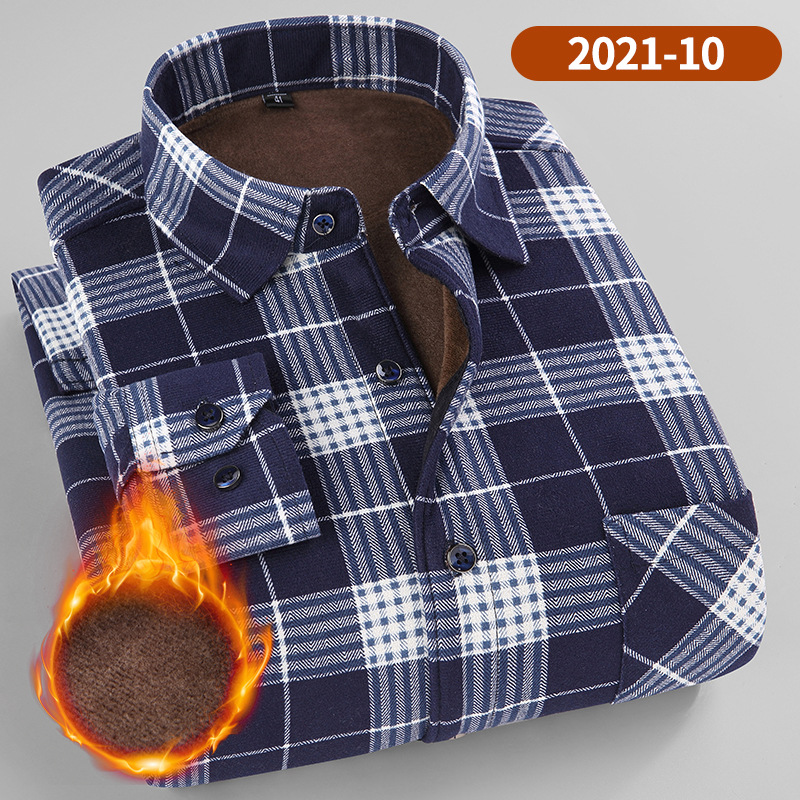 加绒衬衫男士保暖衬衫秋冬加厚衬衣时尚新款条纹格子衬衫 2021-10 L