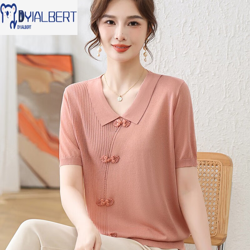 中式妈妈夏装新款洋气针织短袖中老年女国风冰丝上衣翻领t恤衫 桔粉色