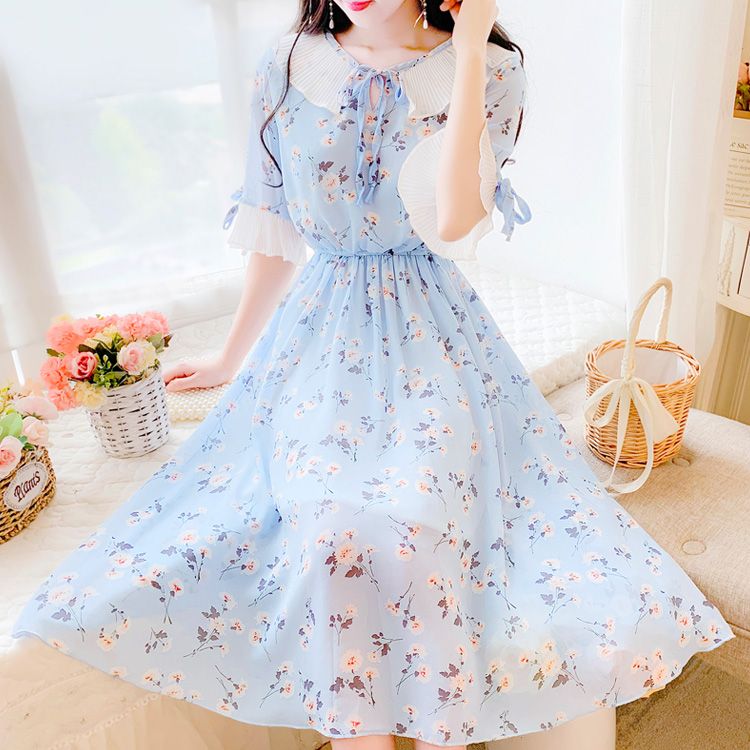 ukcf大码200斤胖mm夏中长款甜美娃娃领碎花雪纺仙女连衣裙女 蓝色 s
