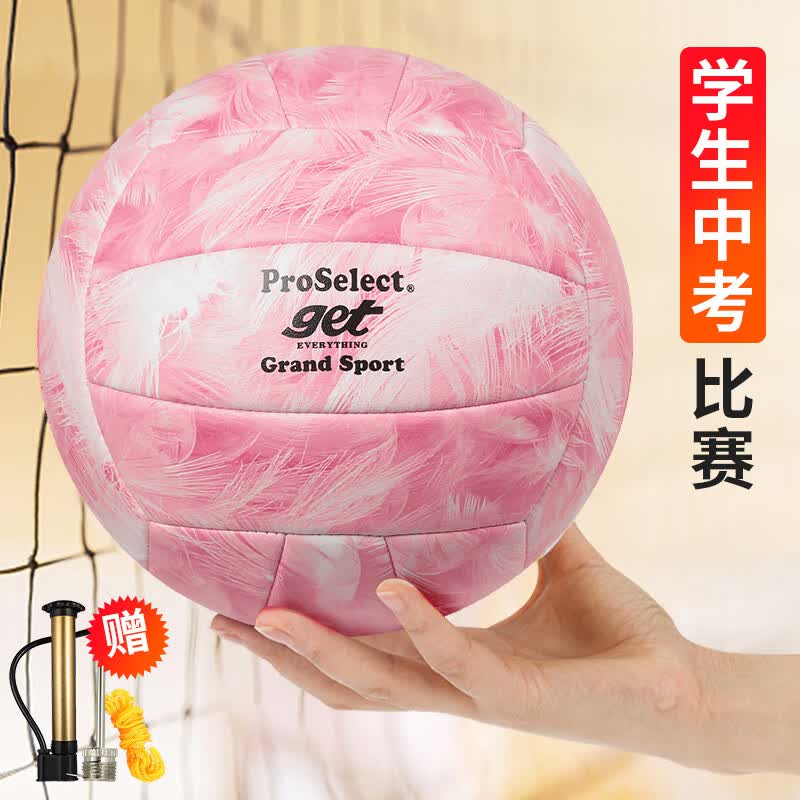 专选（ProSelect）排球5号车缝耐磨柔软PU中小学校园训练青少年中考考试标准硬排球 【火烈鸟】GV412M-浅粉 5号球