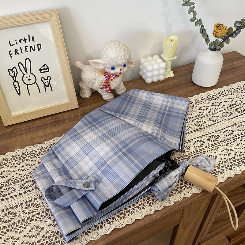 川布复古格子折叠雨伞jk格子雨伞折叠全自动女学生ins可爱晴雨两用防