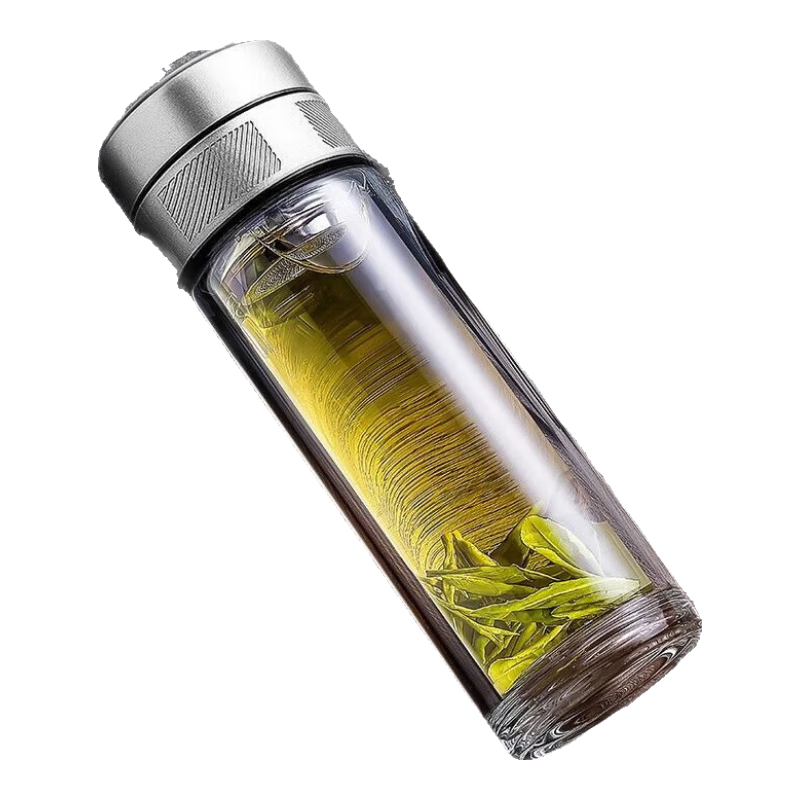 XKJ日本水杯雙層玻璃杯泡茶杯茶水分離茶杯摔不爛的玻璃杯帶蓋高顏值 禮盒款【高端銀-500ml】雙層加厚 車(chē)載一鍵開(kāi)蓋高硼硅玻璃杯耐高溫防摔
