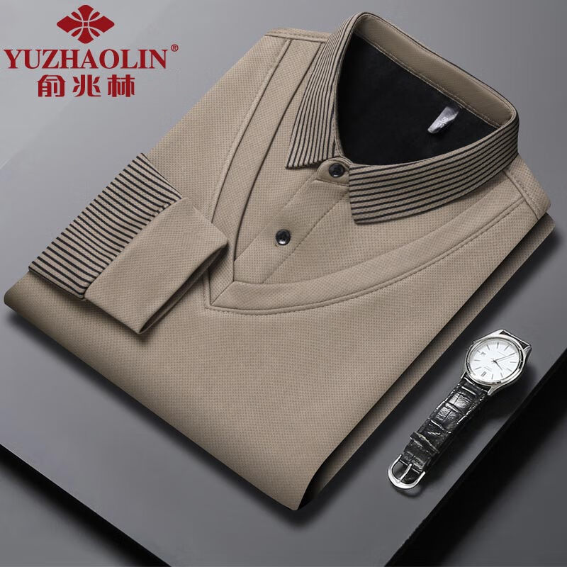 俞兆林假两件长袖t恤男士冬季新款加绒保暖衬衫领男装一体绒休闲卫衣服 卡其色 3XL (185) (建议175-190斤穿)