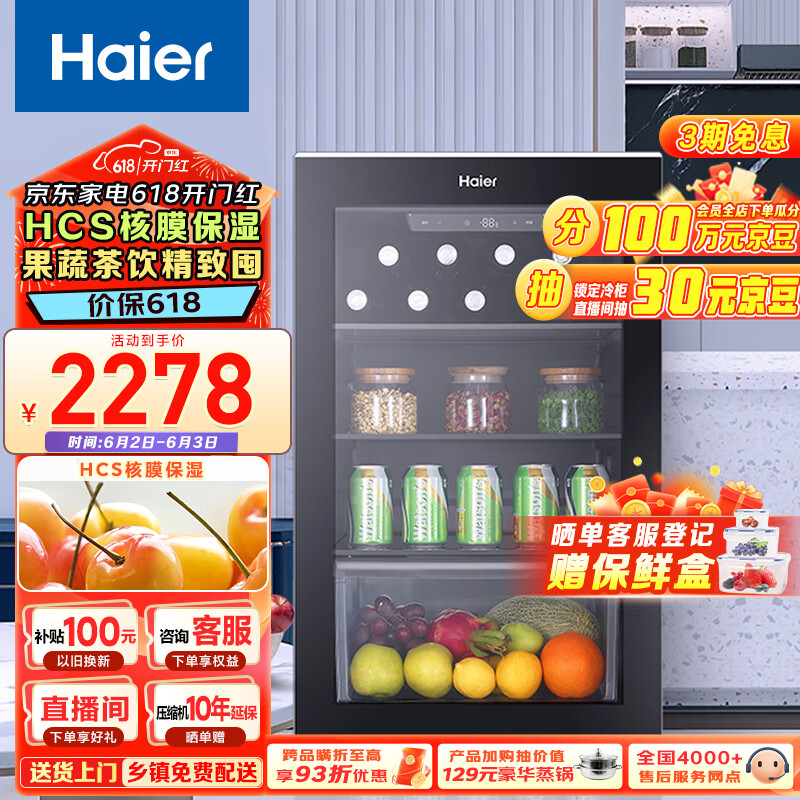 海尔（Haier）109升家用客厅办公室冷藏柜暖藏冰吧 饮料茶叶水果保鲜柜小型酒柜冰箱DS0109LHS6D1以旧换新