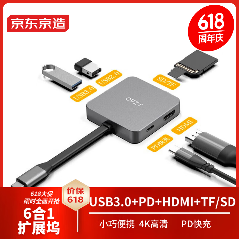 京东京造 usb扩展坞type-c 6合1 iPad/苹果MacBook 拓展坞 HDMI转换器4K投屏转接头数据线分线器