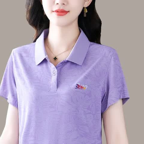 语缦翻领短袖t恤女冰丝时尚洋气夏季新款中年妈上衣女士休闲T恤polo衫 23343灰蓝 5XL 体重150-160斤