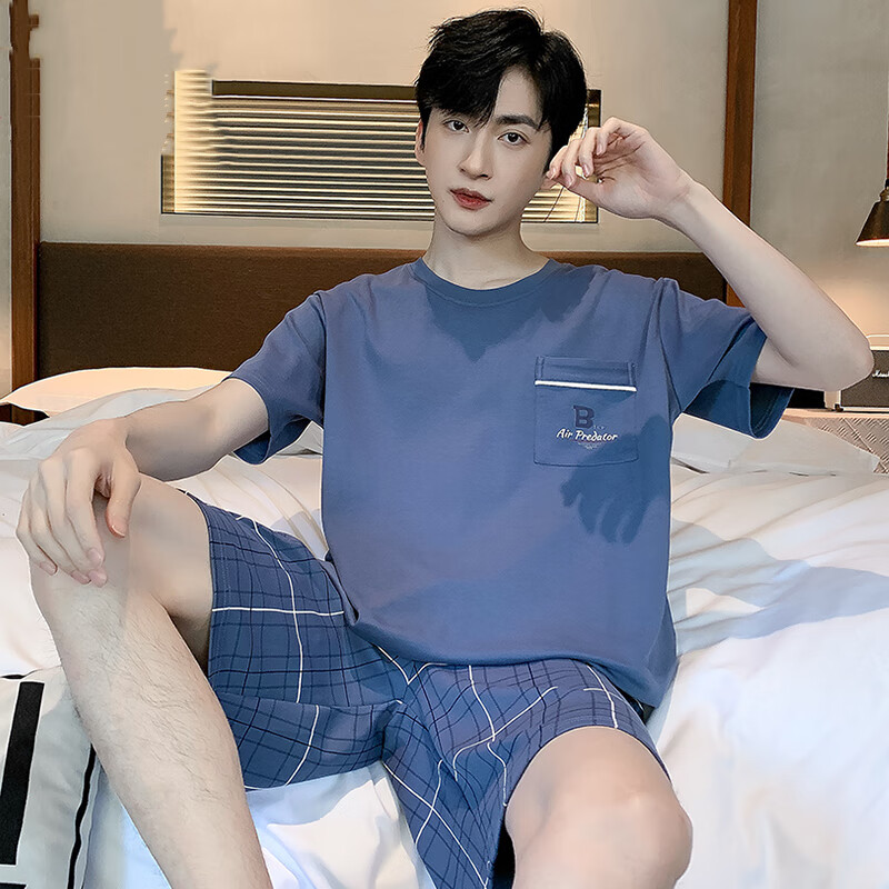 雅鹿睡衣男士夏款纯棉薄款短袖短裤可外穿青少年男家居服套装 NSALM-96008 2XL 【推荐160-180斤】