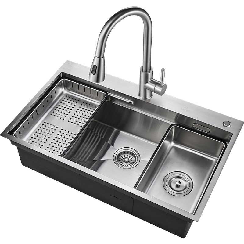 潛水艇（Submarine）水槽304不銹鋼手工臺上大單盆廚房洗菜盆洗碗池帶防臭下水套裝 【銀色】單槽78*48cm(抽拉龍頭)