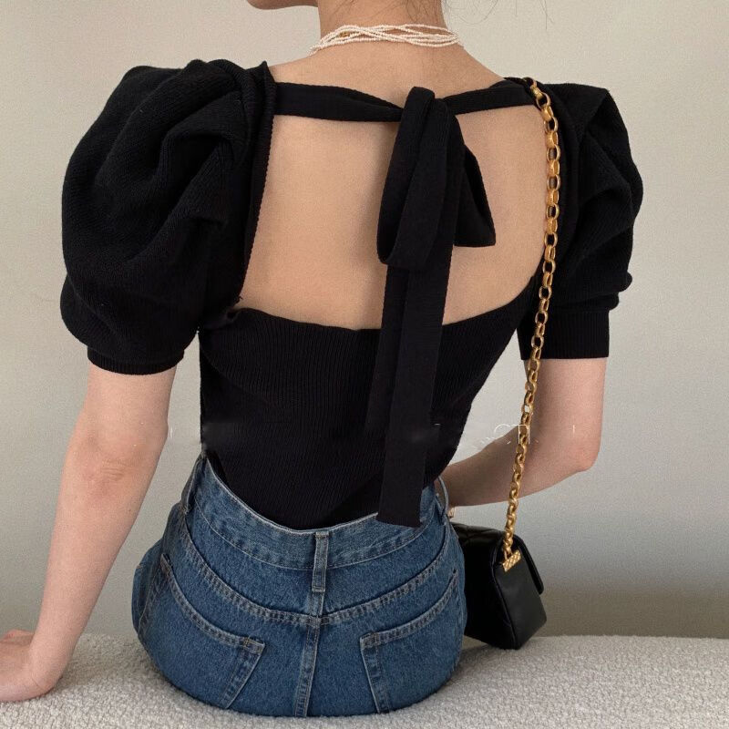 露背装夏天穿的漏背上衣性感女士短袖t恤春夏新款韩版复古方领泡 黑色