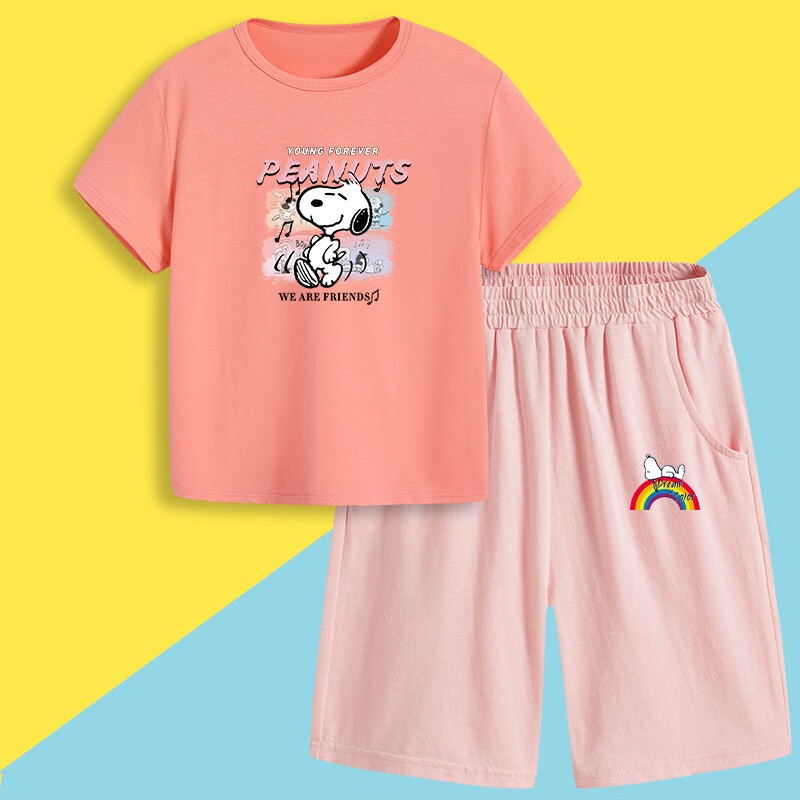 史努比2021女童夏季短袖T恤防蚊裤套装中大童儿童女孩两件套 短裤粉色彩虹+T粉色和声 160