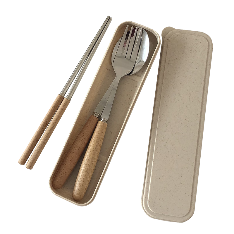 杰凯诺（Jekero）不锈钢筷子单人套装学生旅行筷子勺子叉子盒便携餐具 木柄四件套