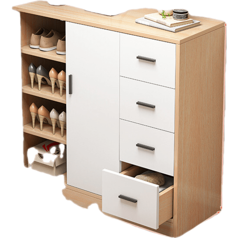 班奇盾 大容量鞋柜经济家用门口外简约现代阳台置物柜门厅玄关收纳储物柜 【两门四抽】90-34-81樱桃木色+白 分区储物 宽敞台面