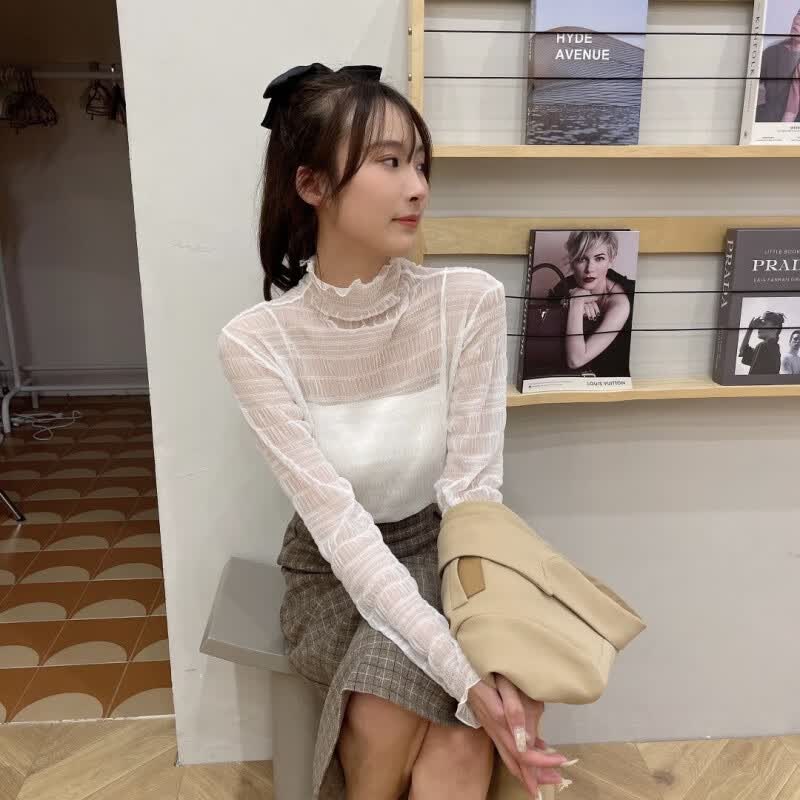 熙诗谣时尚女装高档气质形上衣蕾丝修身初高领褶皱衫款内搭外穿钢琴纹