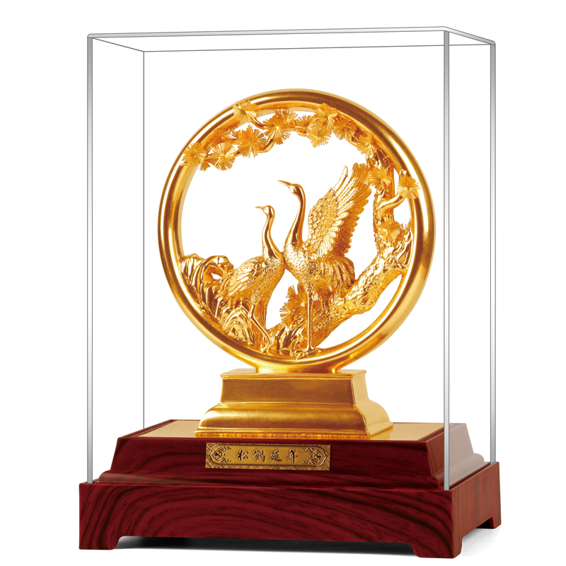 NWTB 金箔松鹤延年摆件老人生日贺寿祝寿六十 八十大寿礼物退休礼物 松鹤延年