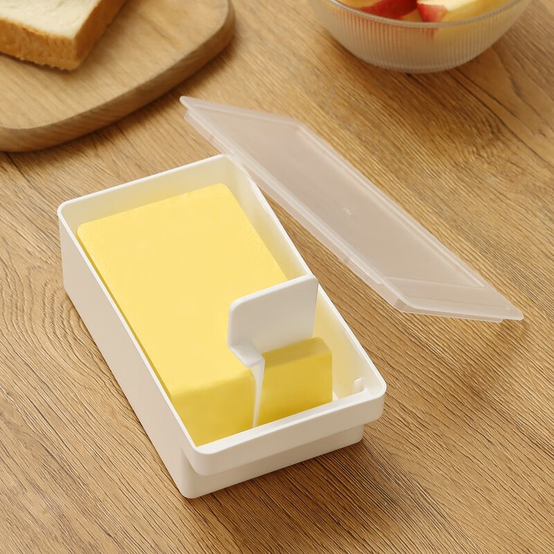 庭扬黄油保鲜盒密封储存带盖冰箱收纳盒切块器冰箱奶酪芝士切割储存盒 白色小号