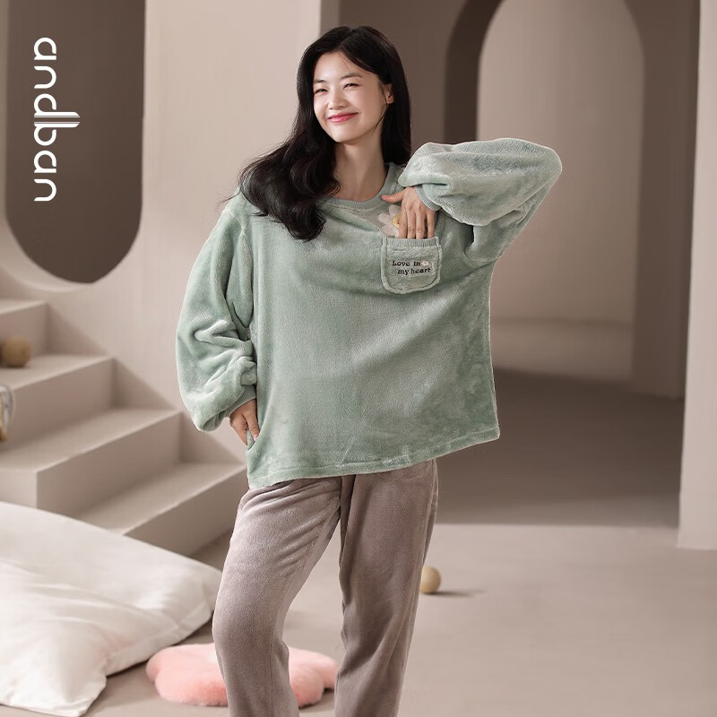 安之伴睡衣女晚秋冬法兰绒保暖厚款圆领可爱小花可外穿女士家居服套装 冰兰 XL