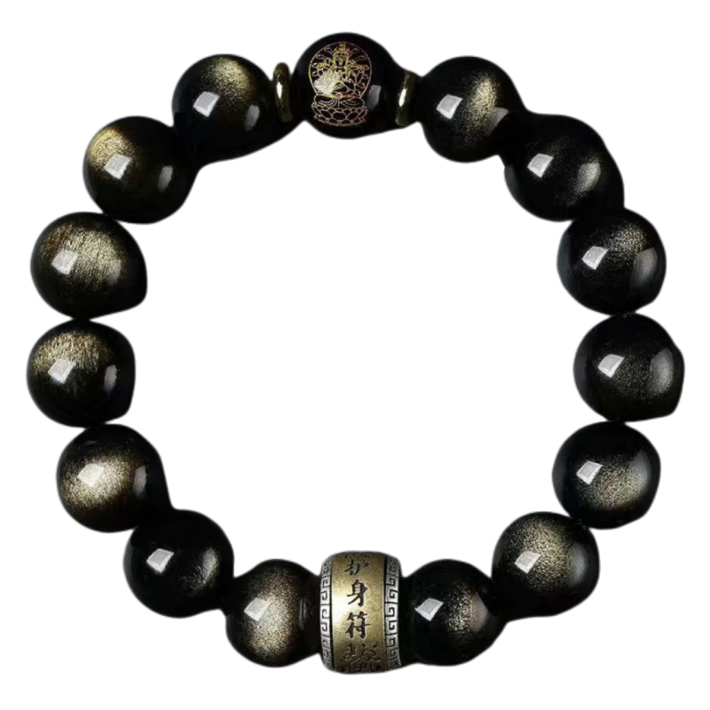 落恋天然黑曜石金曜石手链生肖佛珠男女款925银手串生日礼物护身符 生肖【马】大势至菩萨 珠径10毫米
