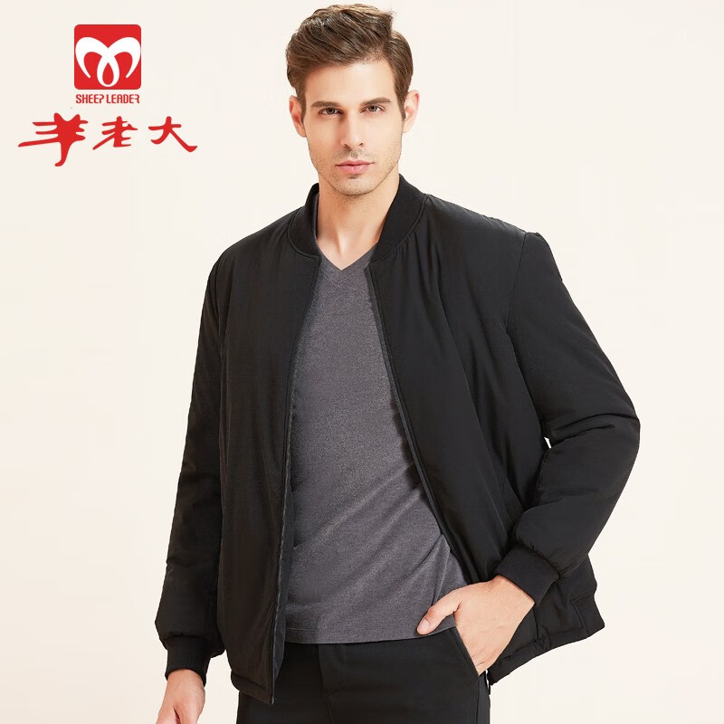 羊老大新款男棉袄羊毛蚕丝保暖上衣圆领厚款修身外套男秋冬 黑色 170