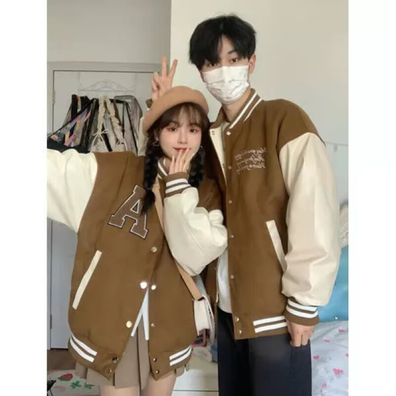 绿吖喵秋冬皮袖棒球服女加绒加厚情侣装短外套男美式复古学生班服外套