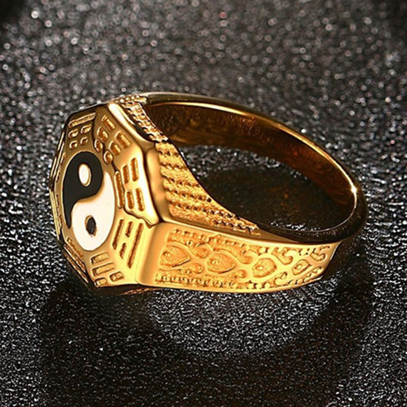 mgsolg 道家阴阳八卦图太极镀金男士钛钢戒指仿道家护身符指环配饰品