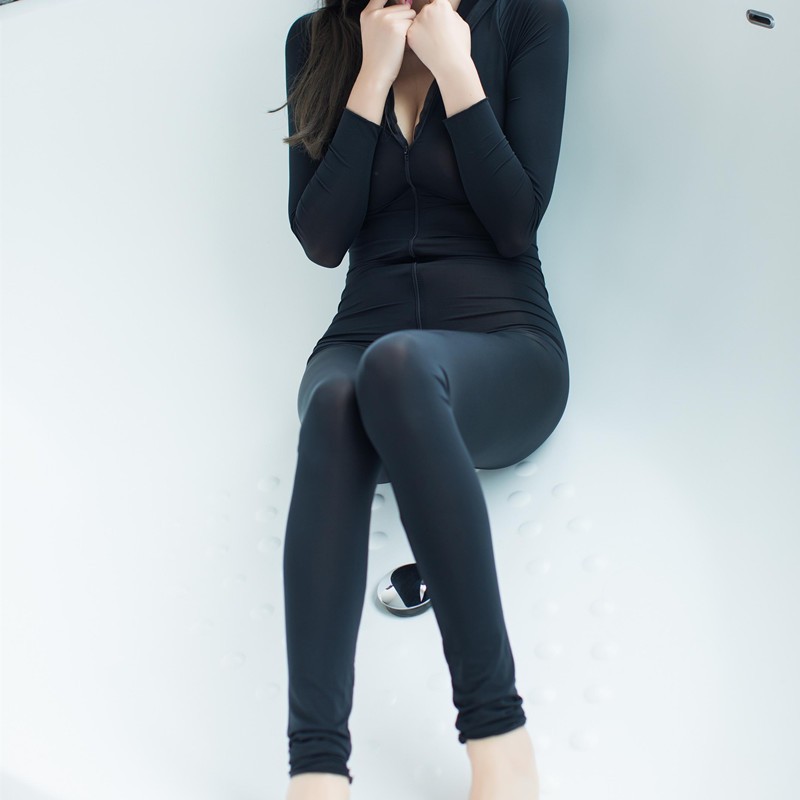 晶清袂双头拉链开档连体衣睡衣冰丝薄款透明开裆高弹力包身紧身长袖