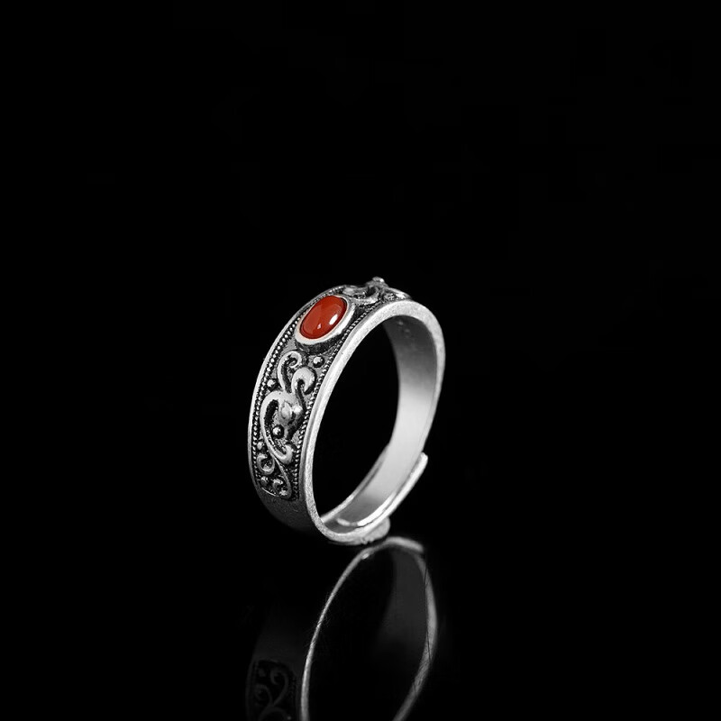 亲哇 泰银复古做旧手饰 s925银饰品南红玛瑙戒指女开口指环复古小众 南红玛瑙戒指