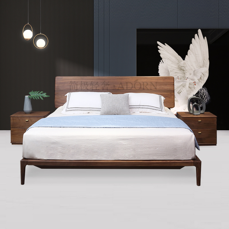 北欧E家简极轻奢系列卧室家具实木双人床1.8米现代极简轻奢（不含床边柜、不含排骨架、不带床箱） 黑胡桃
