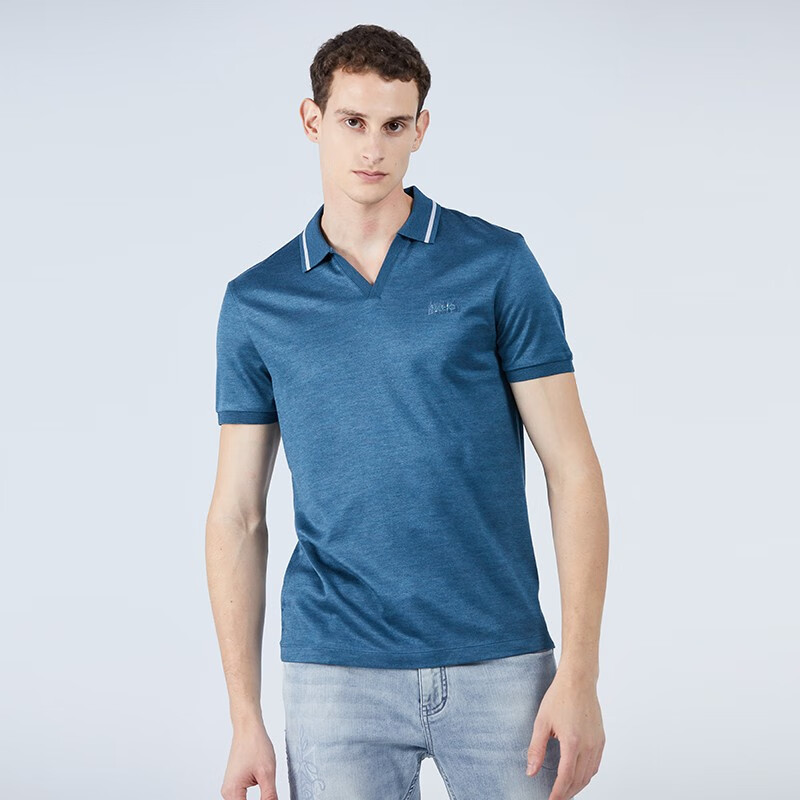 liu·jo uomo蓝色商务绅士时尚翻领polo衫字母烫钻刺绣夏季男装 蓝色