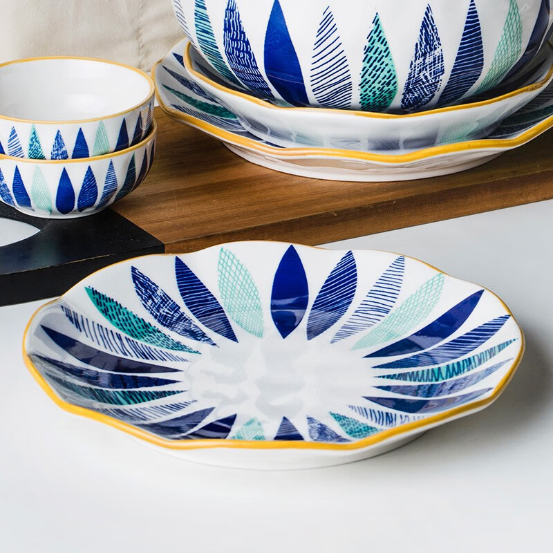 INSCRIPTION 日式手绘碗盘碟 家用米饭碗菜碗汤碗菜盘汤勺子 8.1英寸浅盘-蓝叶羽