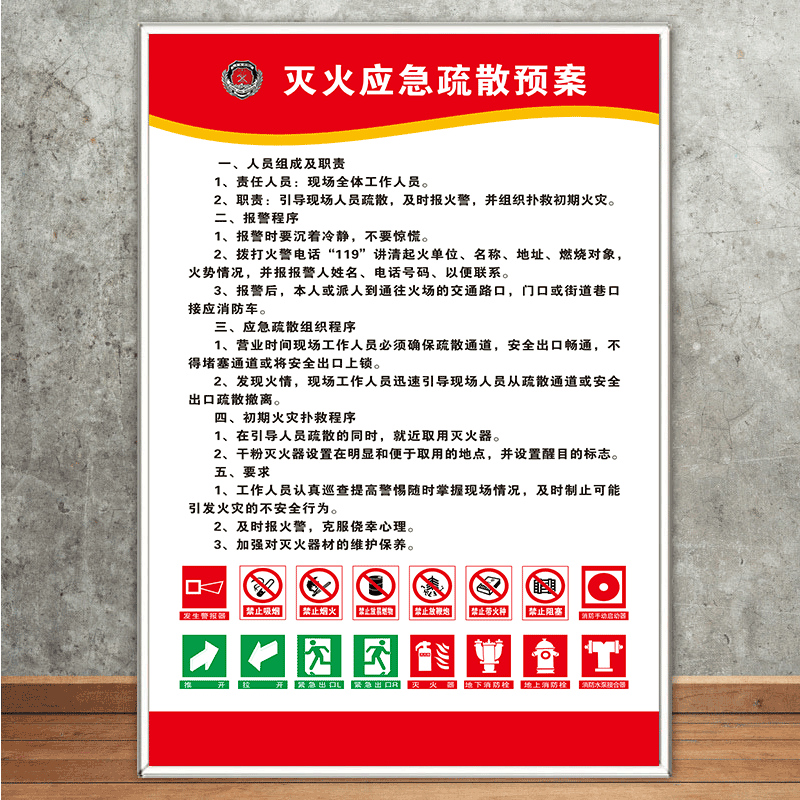 工厂车间安全生产操作规程提示牌消防 灭火应急疏散预案(kt板包银边